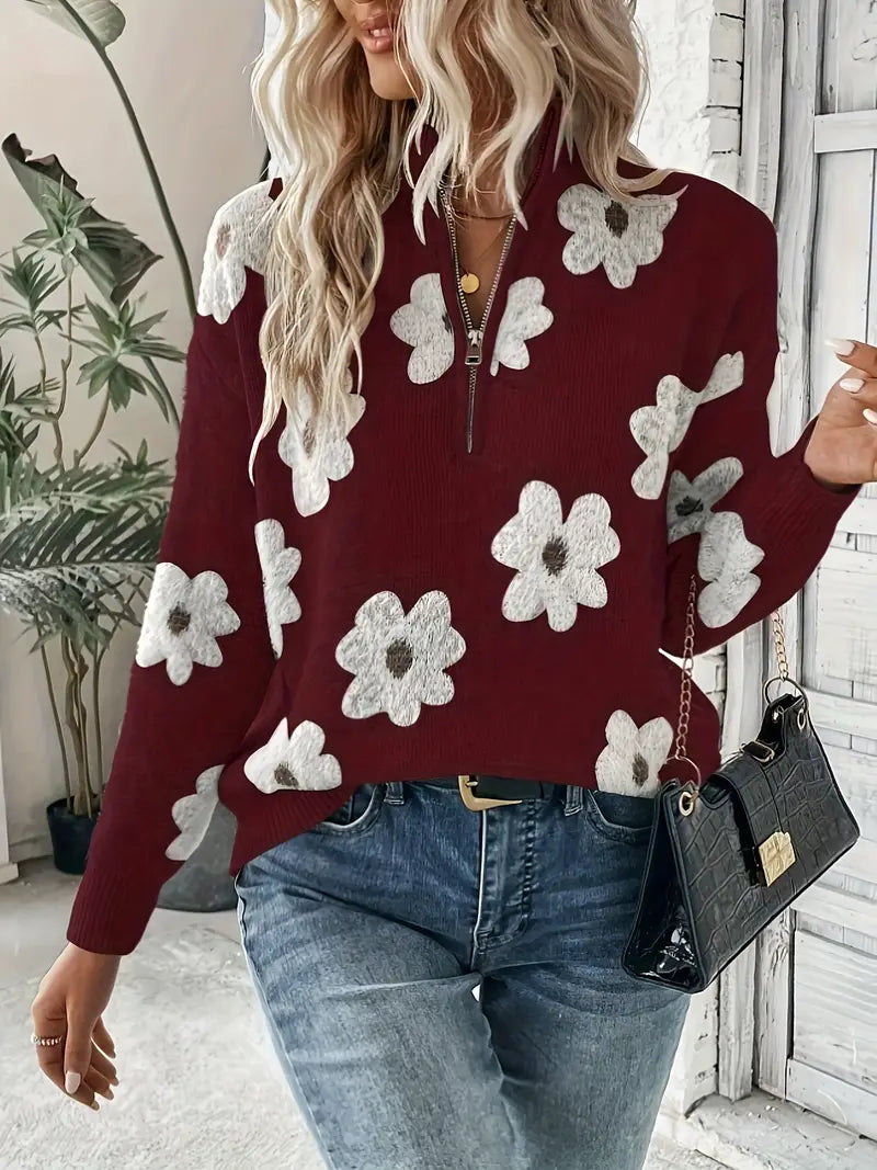 Pull Femme Laine Douce Fleuri Hiver