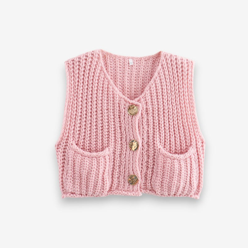 Gilet Femme Élégant Col V Boutonné