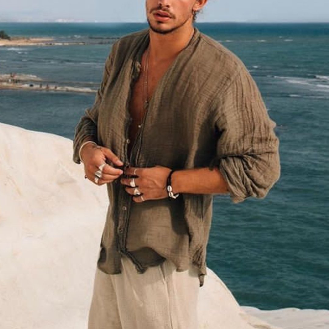 Chemise Lin Beige Relâchée pour Homme - LuxeStyle