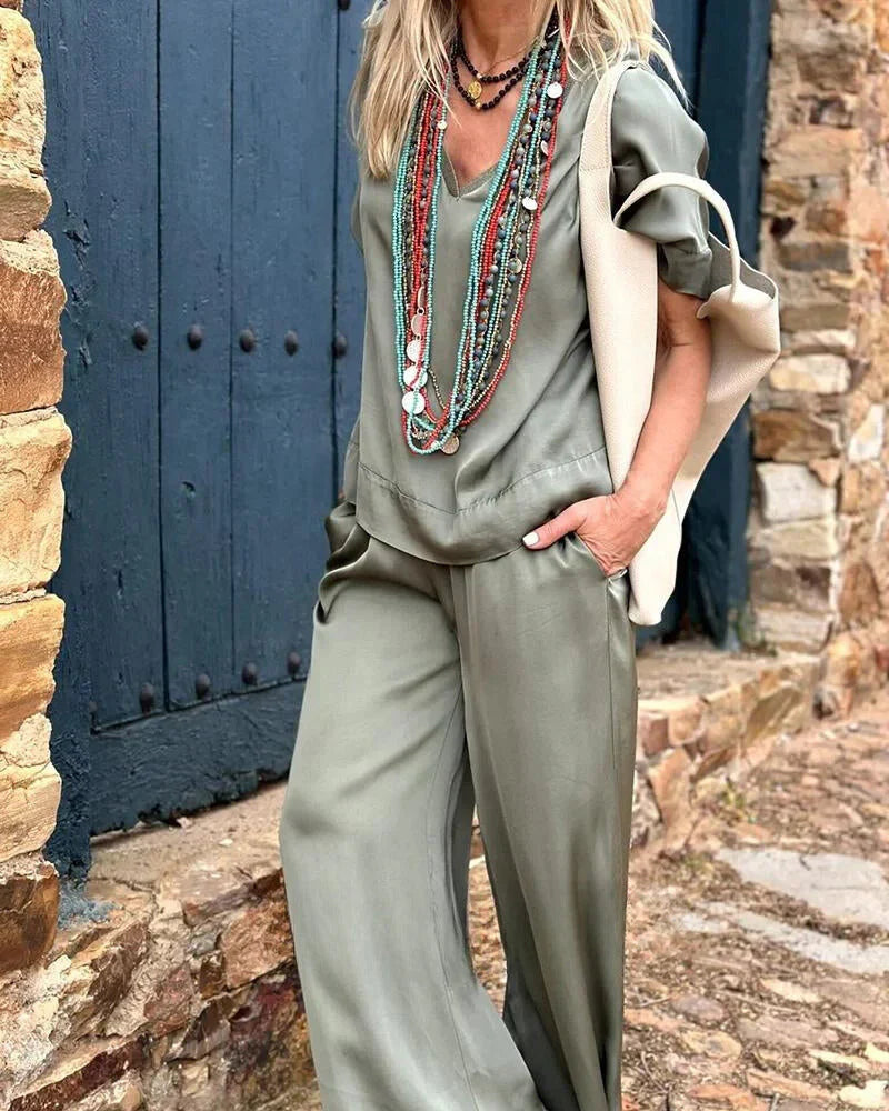 Ensemble décontracté femme col V taille large - LuxeStyle