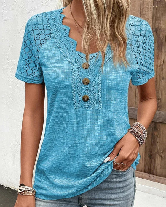 T-shirt Été Femme Décor Dentelle - Coton Doux Manches Courtes - LuxeStyle