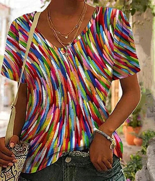 T-shirt femme coloré décontracté col V - LuxeStyle