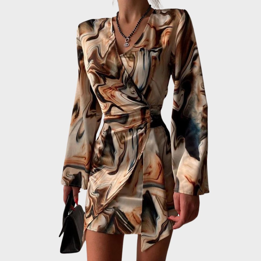 Robe Femme Imprimée Chic – Décolleté Profond, Manches Longues Sophistiquées