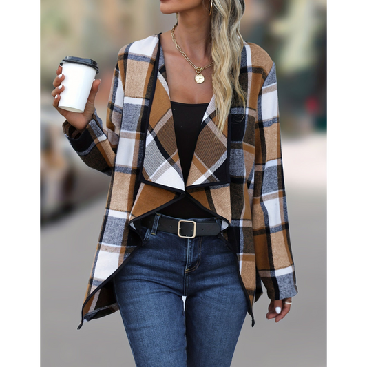 Veste en carreaux femme élégante longue - LuxeStyle