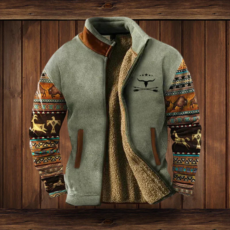 Veste Hivernale Élégante Style Cowboy – Doublure Chaude & Imprimé Tribal