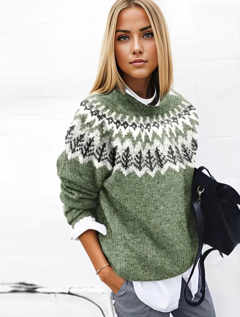 Pull Femme Hiver Laine Verte à Carreaux - LuxeStyle