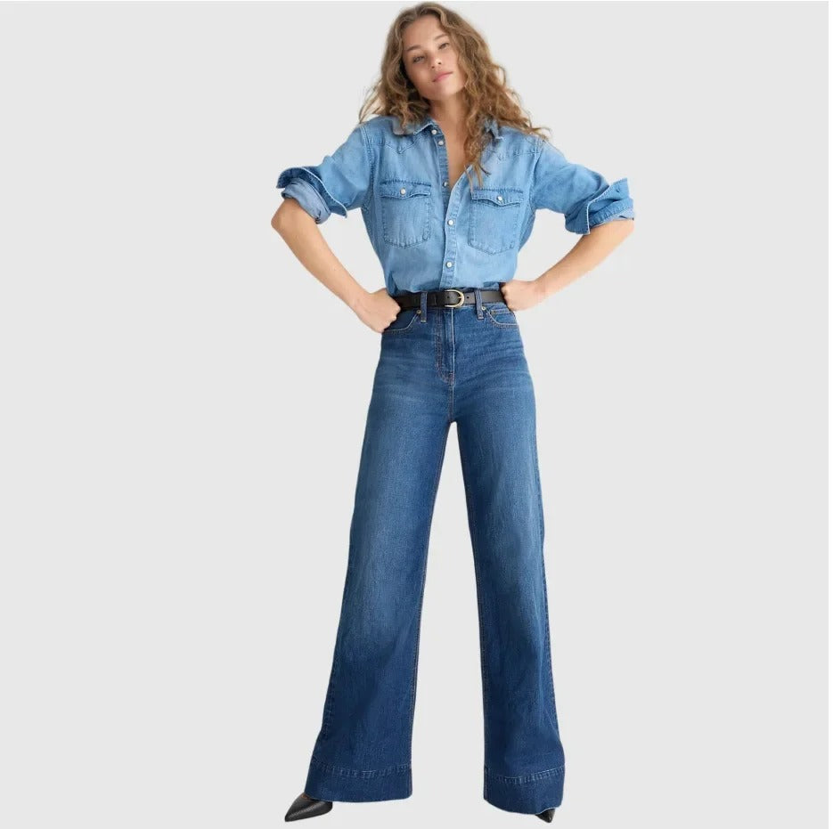 Jean femme confortable taille haute avec poches et style décontracté