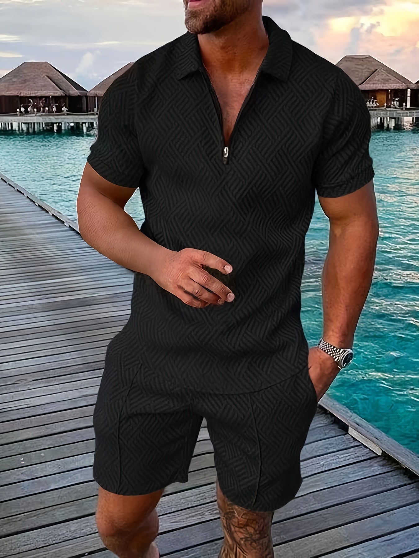 Ensemble Homme Été – Short Décontracté avec Haut Zippé & Tissu Léger