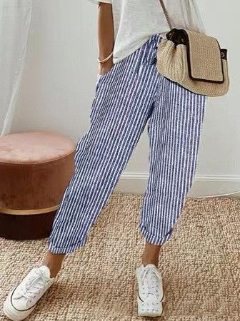 Pantalon coloré décontracté femme coton rayures