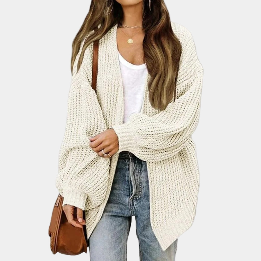 Gilet femme élégant en maille beige, manches longues, détente - LuxeStyle