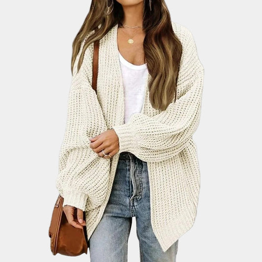 Gilet femme élégant en maille beige, manches longues, détente - LuxeStyle