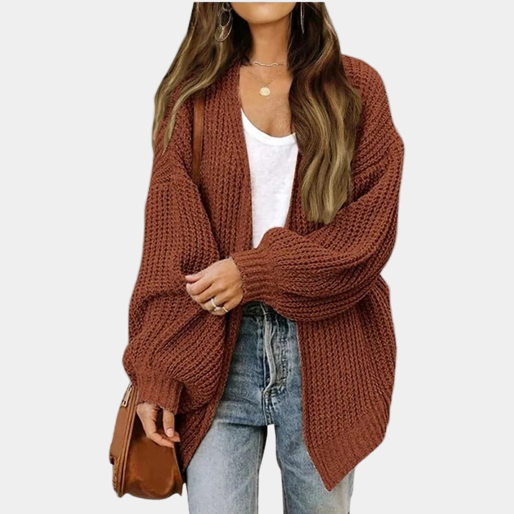 Gilet femme élégant en maille beige, manches longues, détente