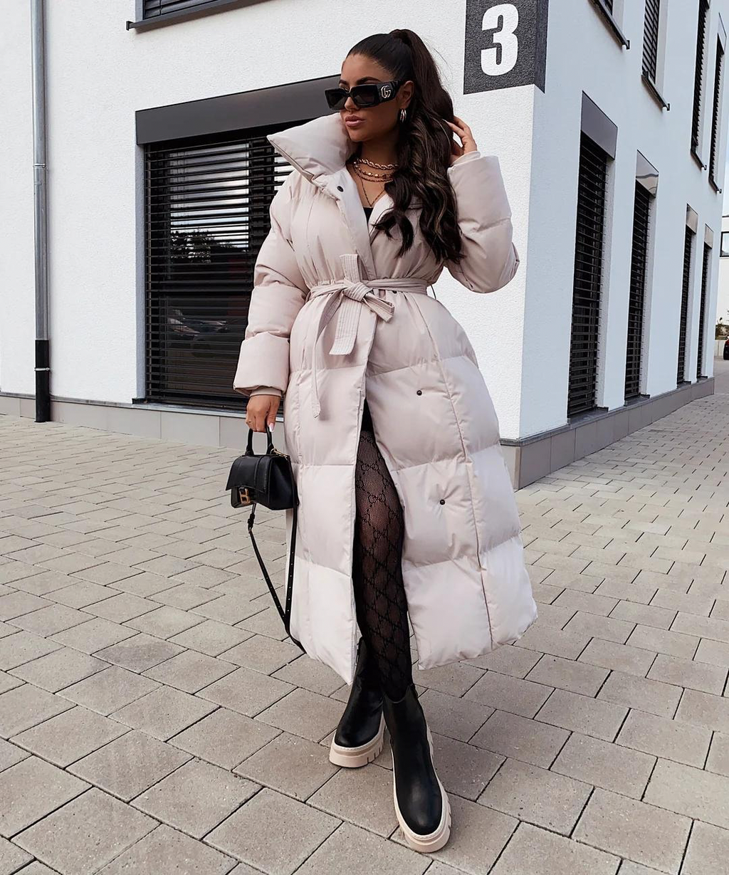Manteau femme long doublé noir élégant ceinturé