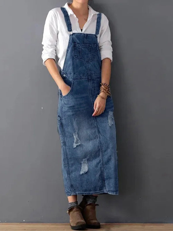 Robe salopette jean déchirée tendance femme