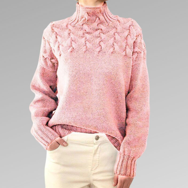 Pull Femme Laine Douce Brun Col Rond Torsadé