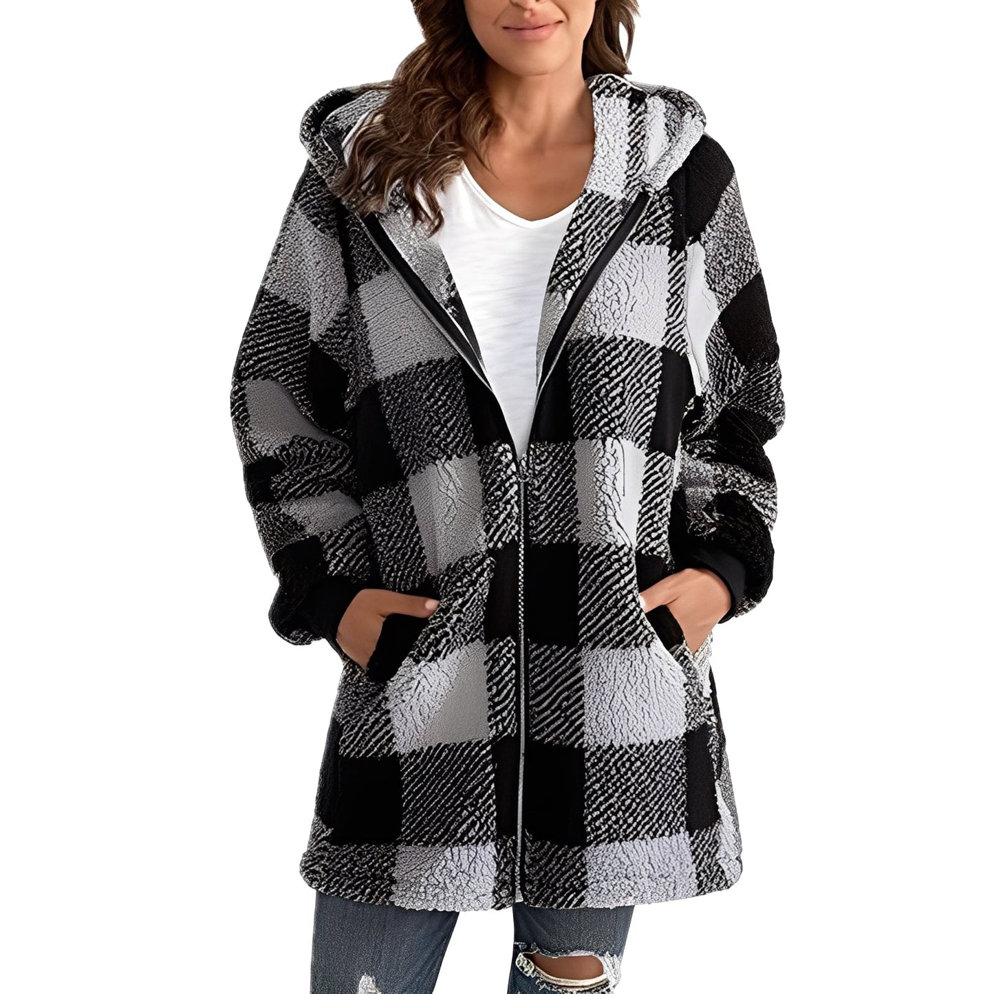 Veste à Capuche Femme Hiver Douce et Chaude à Carreaux