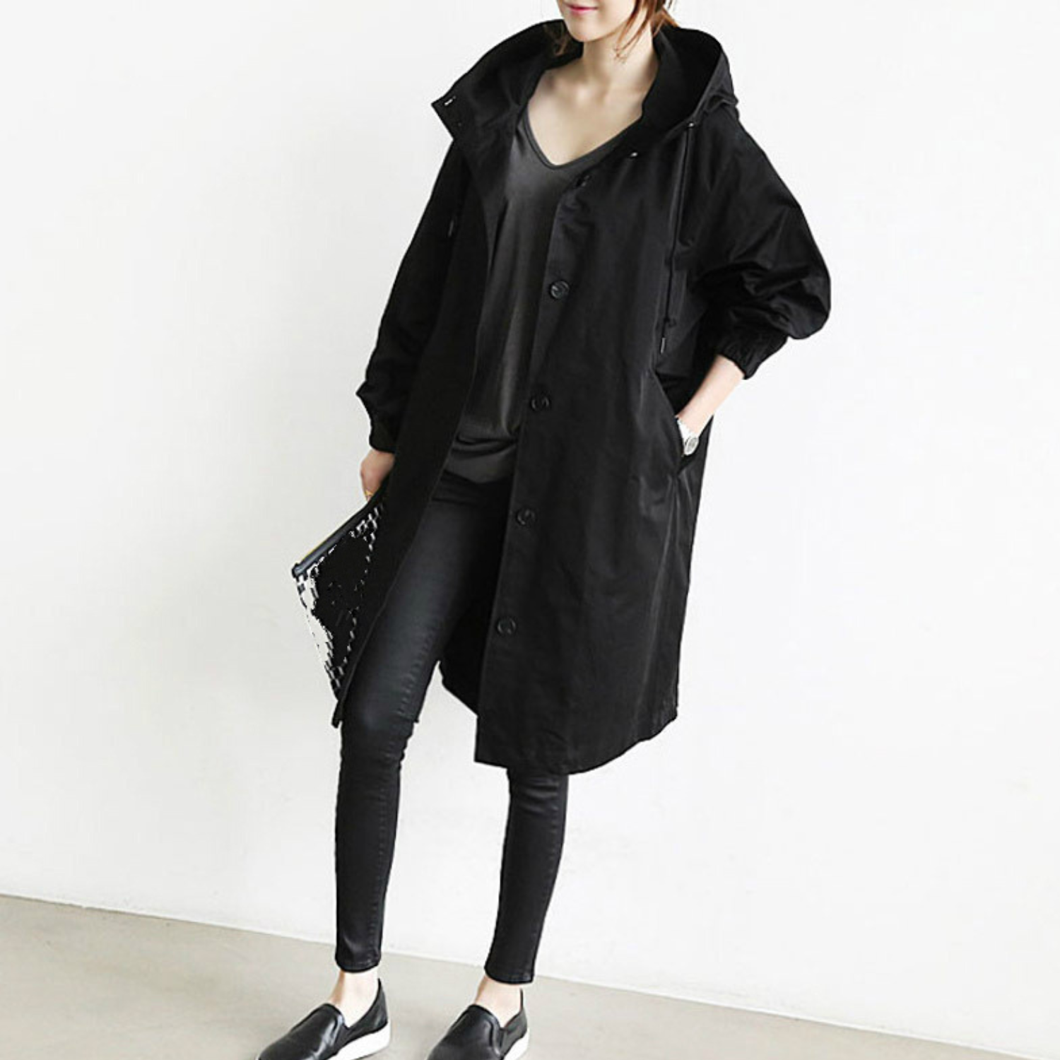 Manteau Femme Noir Élégant à Capuche Longue Imperméable - LuxeStyle