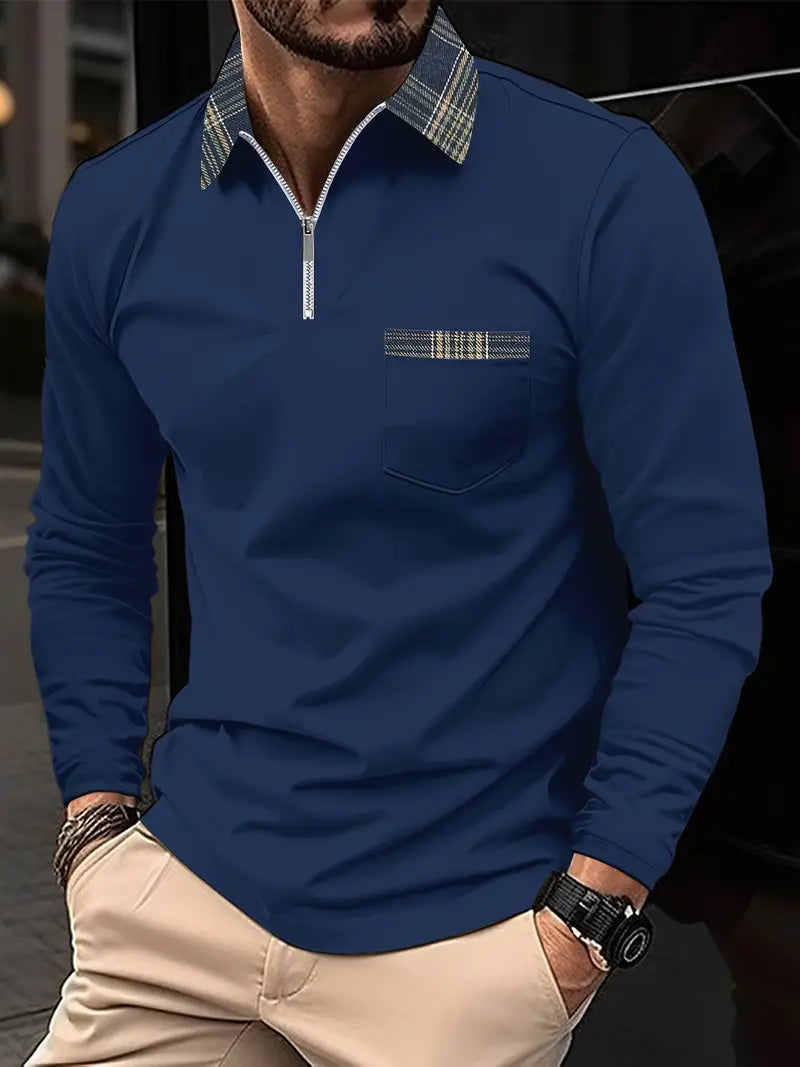 Polo Homme Manches Longues – Col Zippé Élégant Motif Écossais