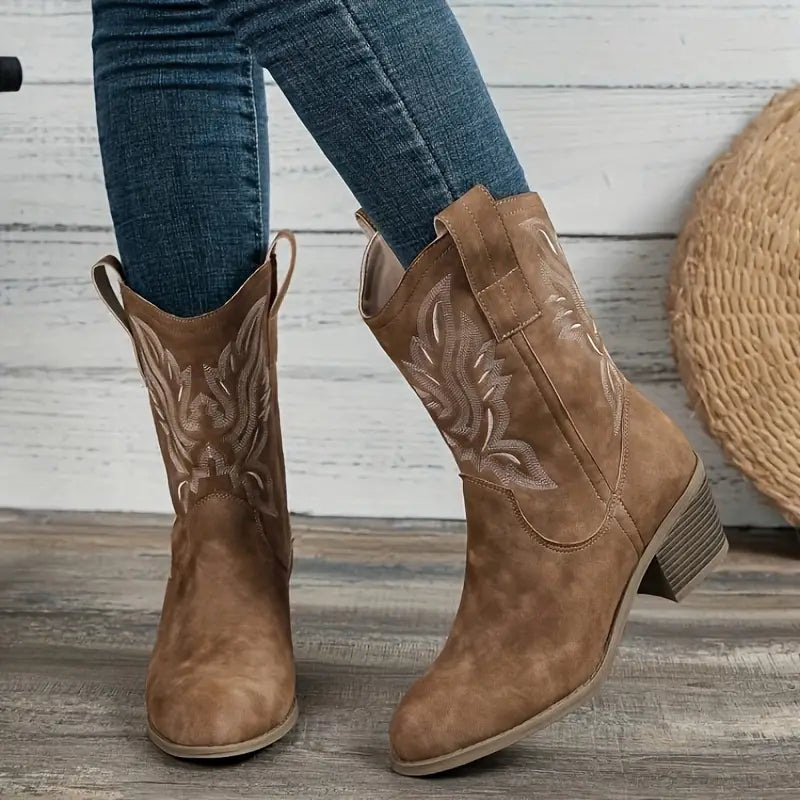 Bottes Country Féminines en Cuir Brun Décorées - LuxeStyle