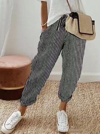Pantalon coloré décontracté femme coton rayures