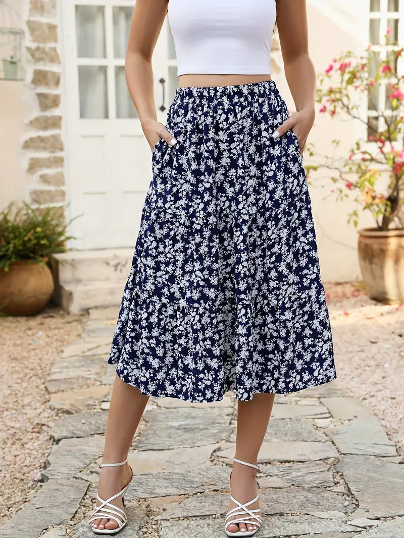 Jupe Florale Élégante pour Femme - Coupe Fluide avec Poches pour Été