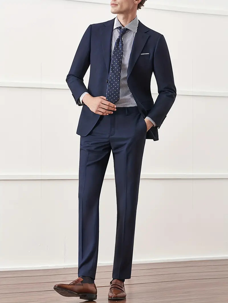 Costume Homme Classique Bleu avec Chemise à Rayures et Cravate Élégante - LuxeStyle