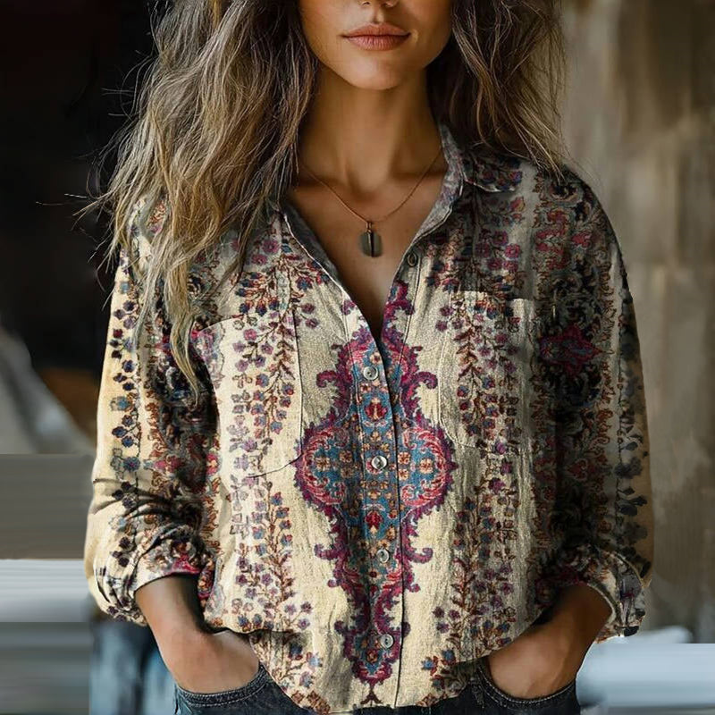 Blouse Florale Rétro – Blouse Féminine à Manches Longues et Décolleté Élégant - LuxeStyle