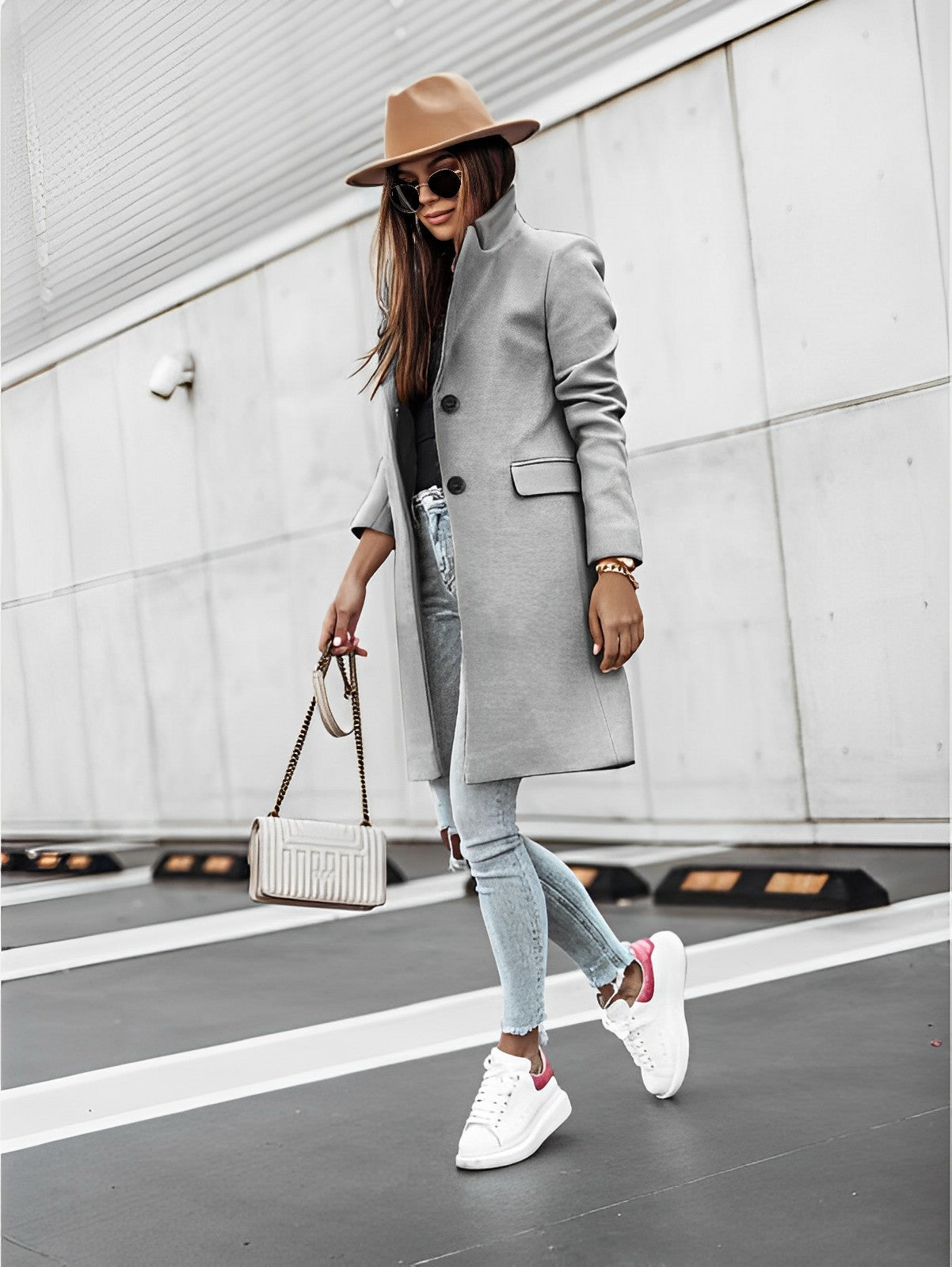 Manteau Femme Châtain Chic avec Fermeture et Pochettes