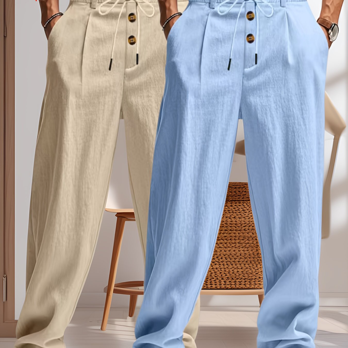 Pantalon Lin Homme Décontracté Beige Bleu - LuxeStyle