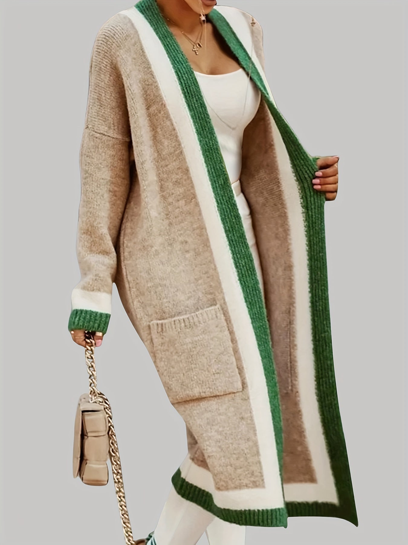 Cardigan Élégant Laine Naturelle avec Poches et Bordure Colorée - LuxeStyle
