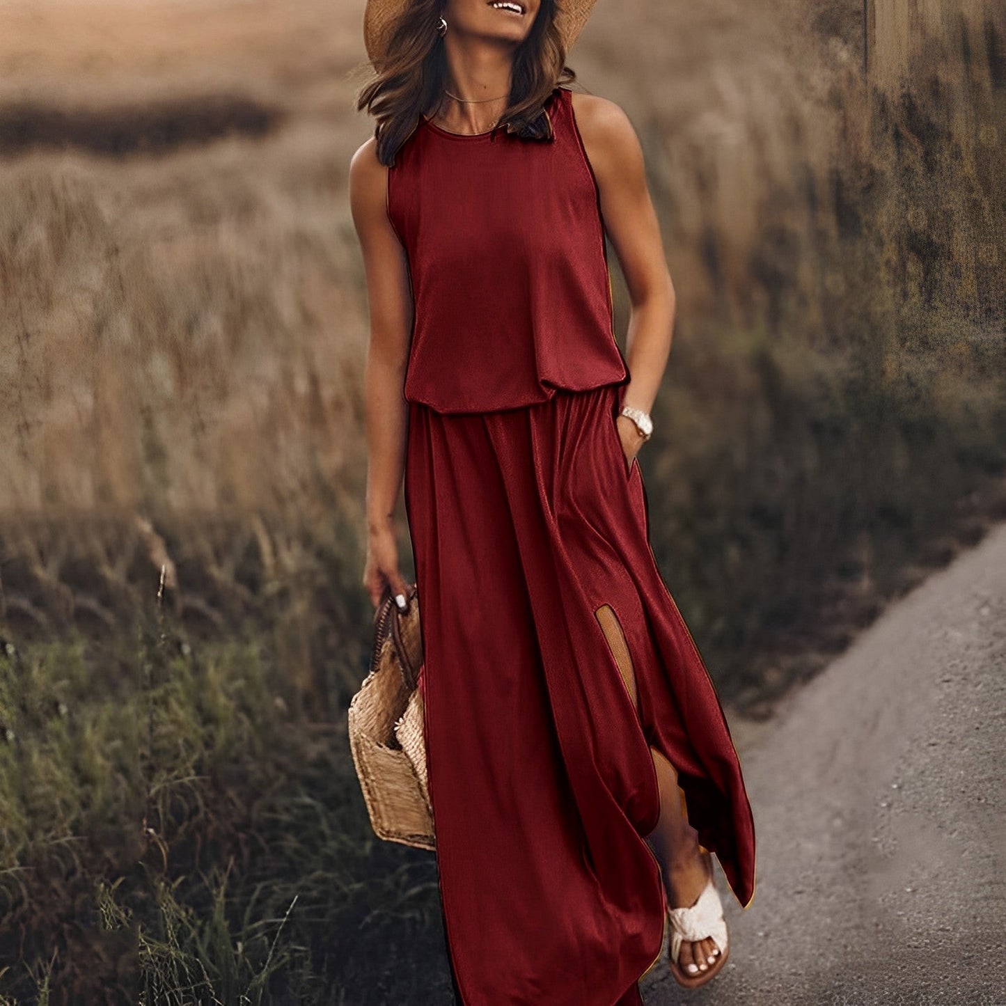 Robe rouge femme élégante sans manches décolletée - LuxeStyle
