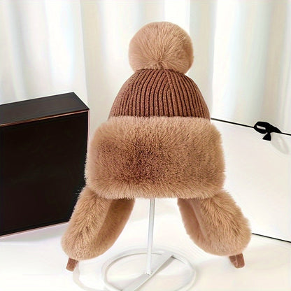 Bonnet Femme Hiver Douillet avec Couvre-Oreilles et Pompon