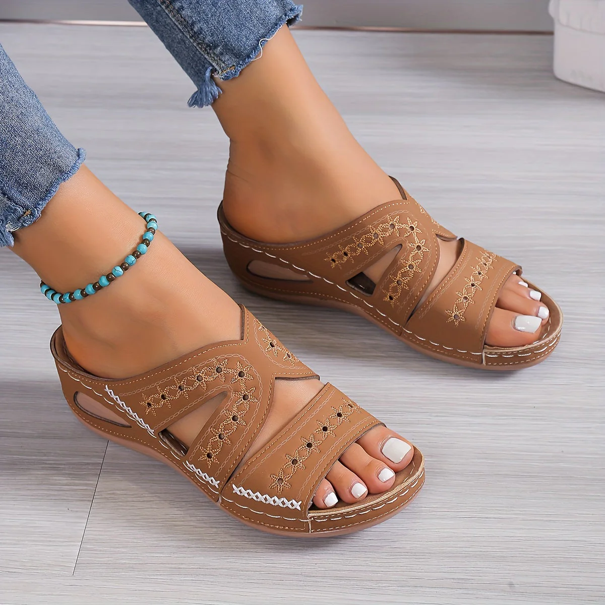 Sandales Cuir Marine pour Femmes à Talon Plat