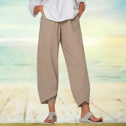 Pantalon large confortable en lin beige femme