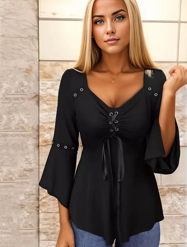 Blouse Féminine Noire Élégante à Manches Bouffantes - LuxeStyle