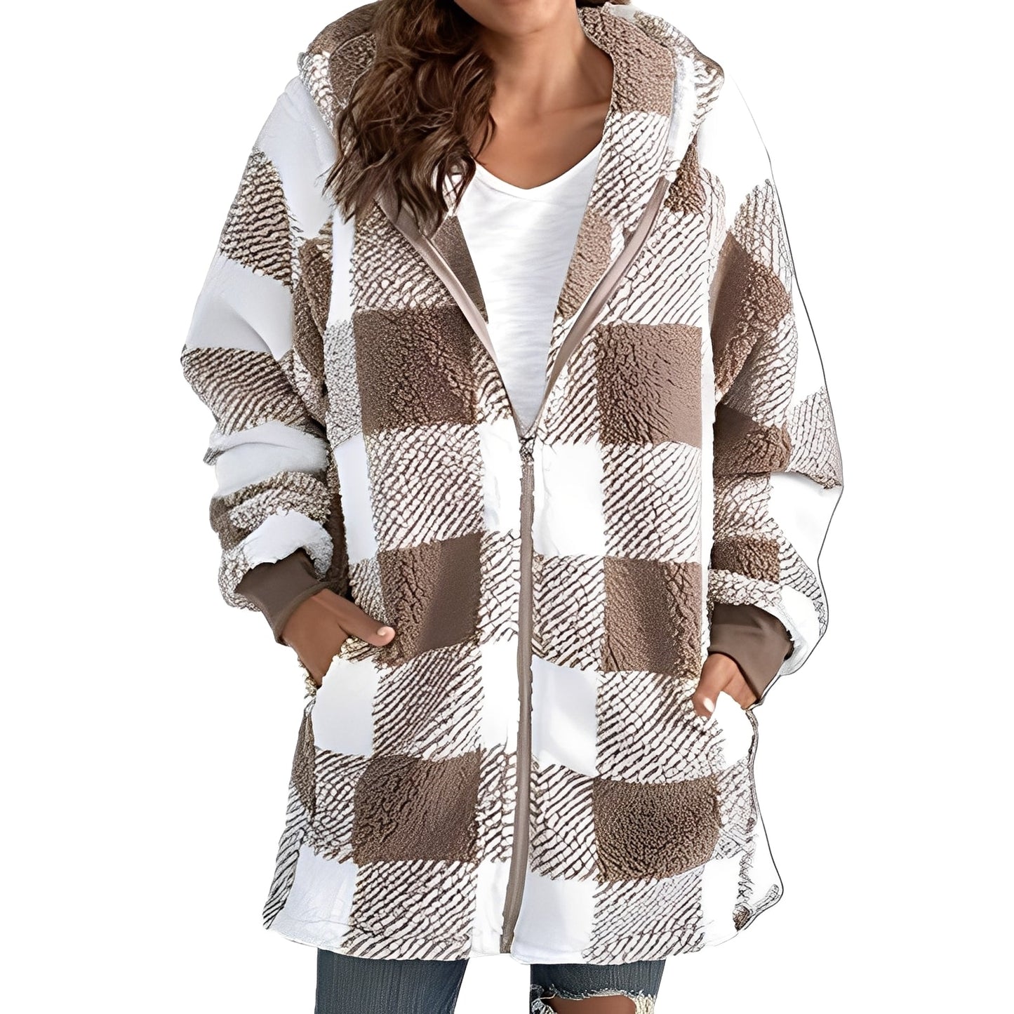 Veste à Capuche Femme Hiver Douce et Chaude à Carreaux - LuxeStyle