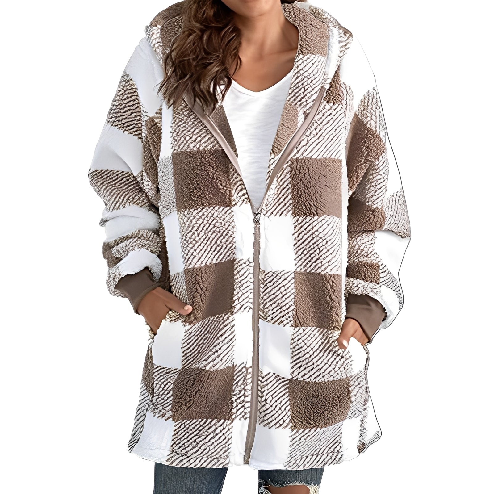 Veste à Capuche Femme Hiver Douce et Chaude à Carreaux - LuxeStyle
