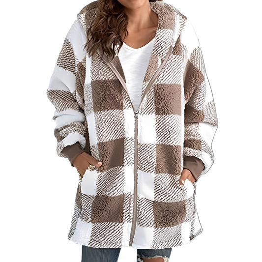 Veste à Capuche Femme Hiver Douce et Chaude à Carreaux - LuxeStyle