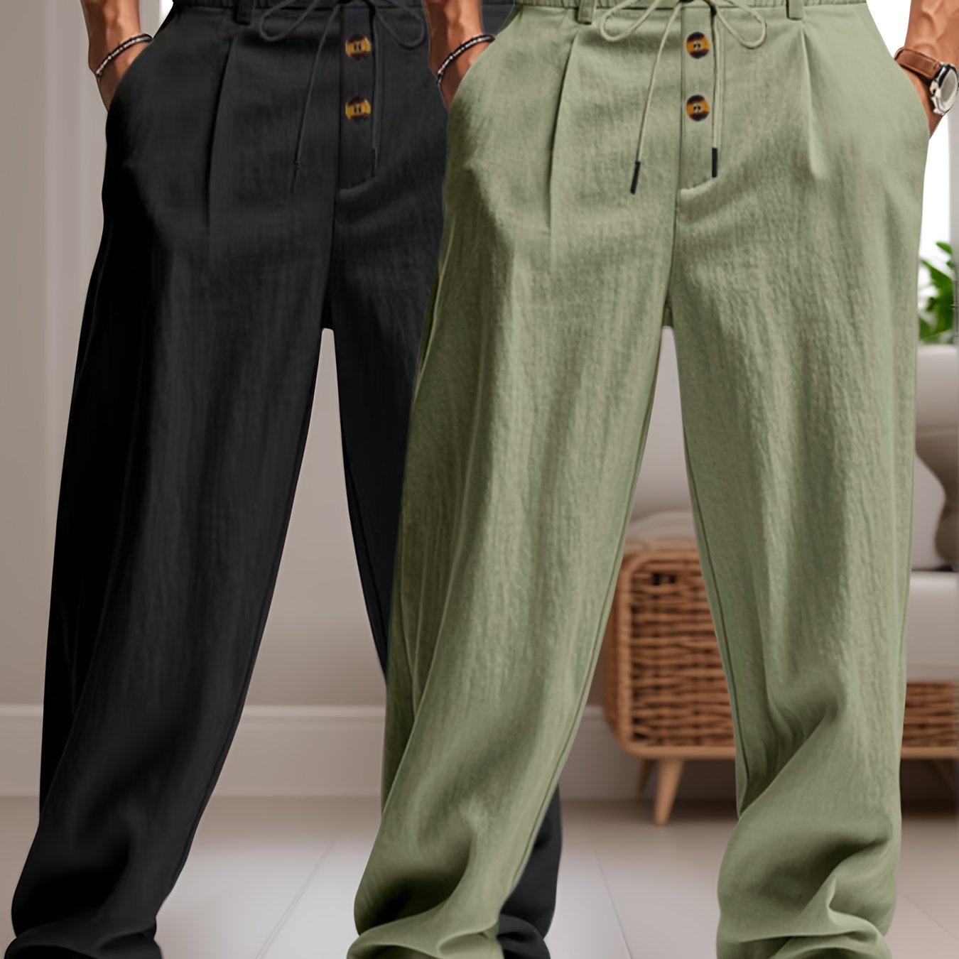 Pantalon Lin Homme Décontracté Beige Bleu