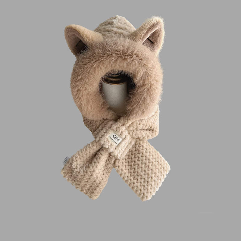 Cagoule et Écharpe Réversible avec Oreilles de Renard pour Femme et Enfant Hiver
