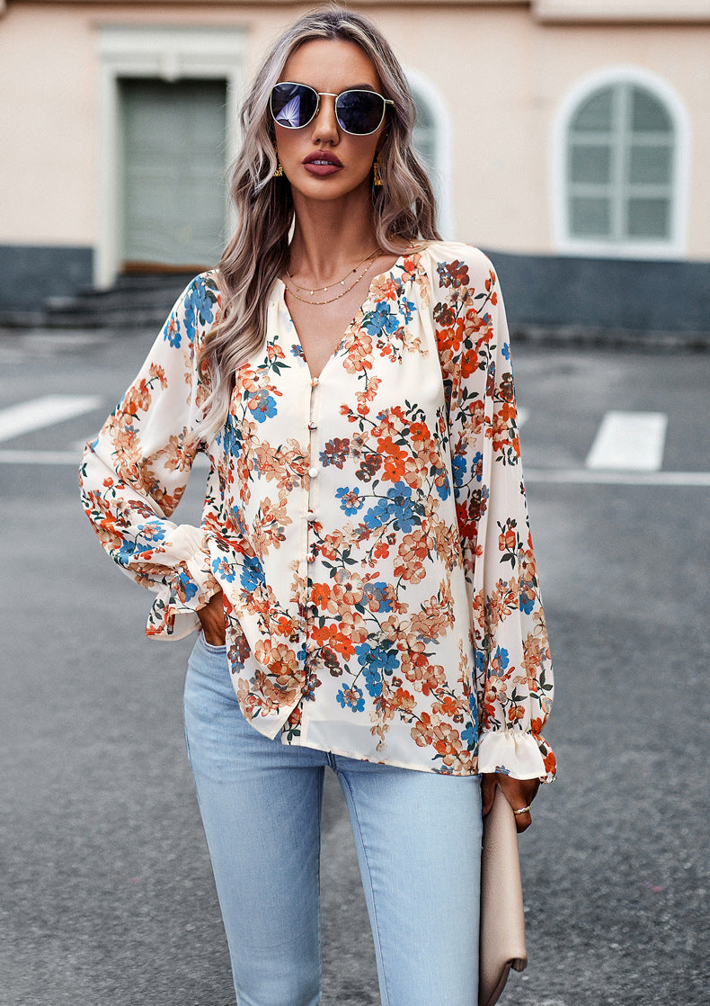 Blouse Féminine Florale - Haut Décontracté à Manches Longues pour Femmes