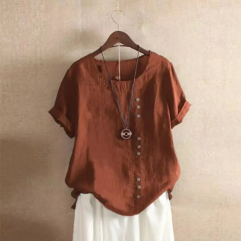 Blouse Femme Lin Rose Élégante Manches Courtes