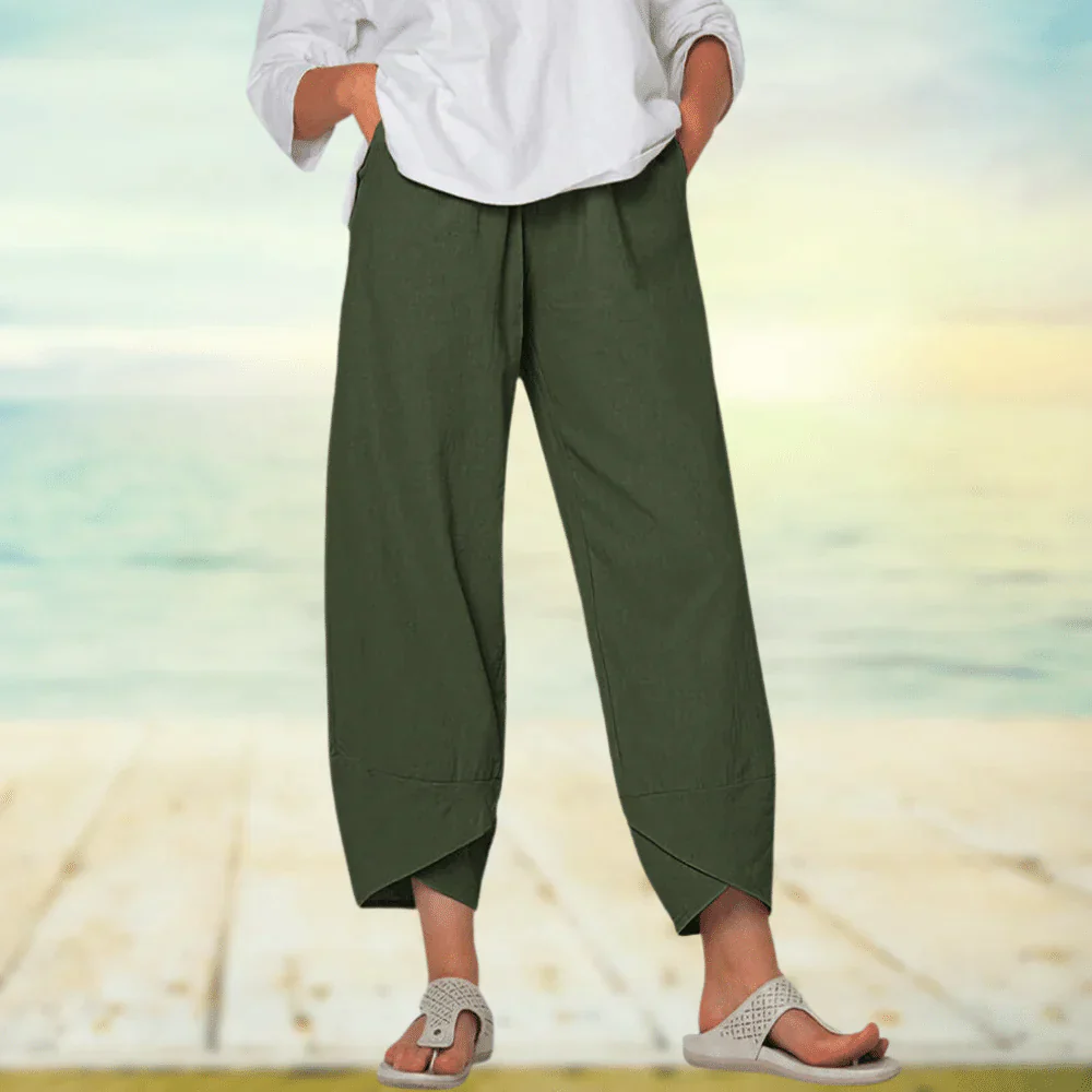 Pantalon large confortable en lin beige femme