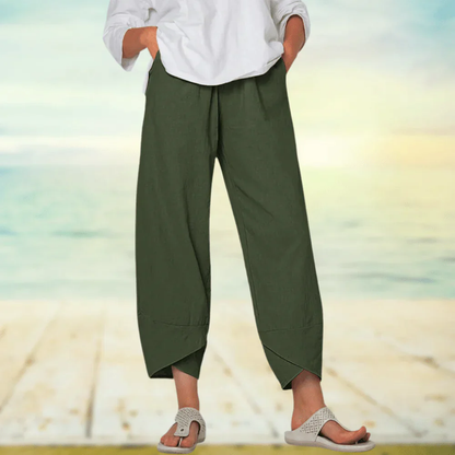 Pantalon large confortable en lin beige femme