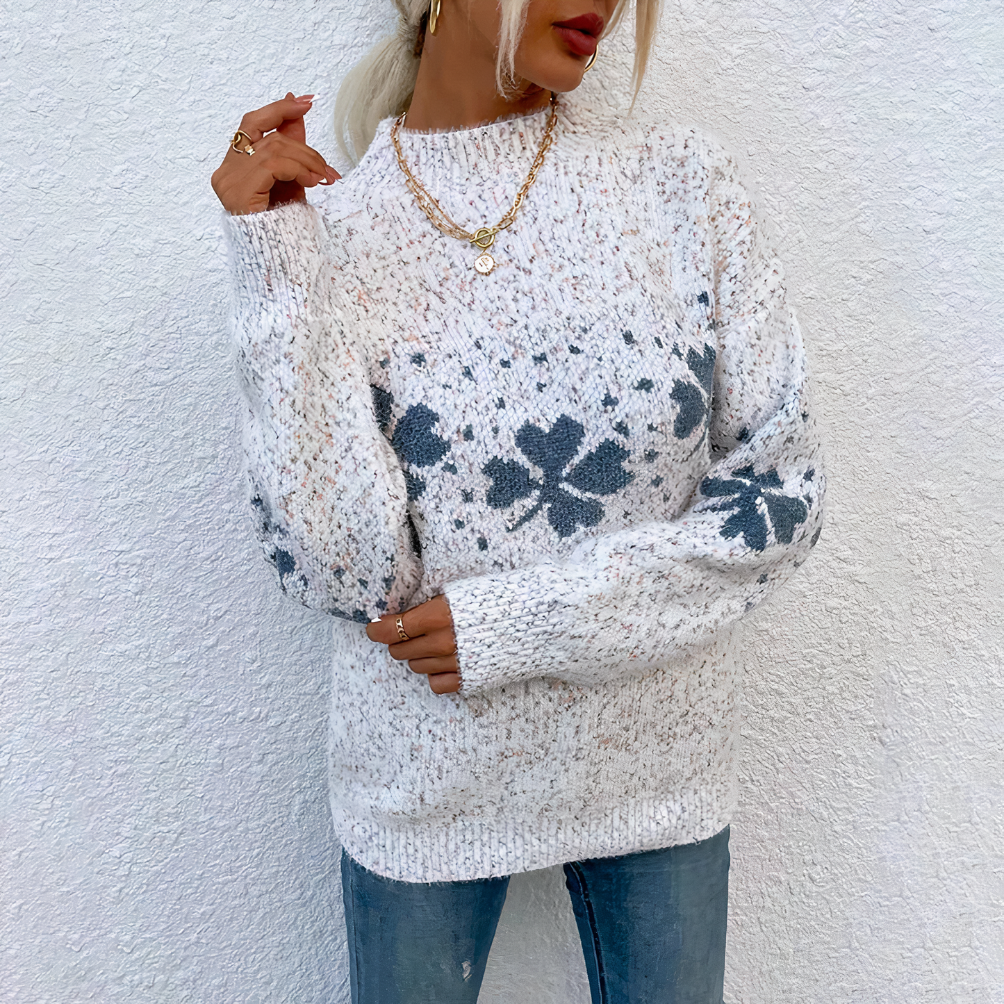 Pull Femme Élégant Rose Fleuri