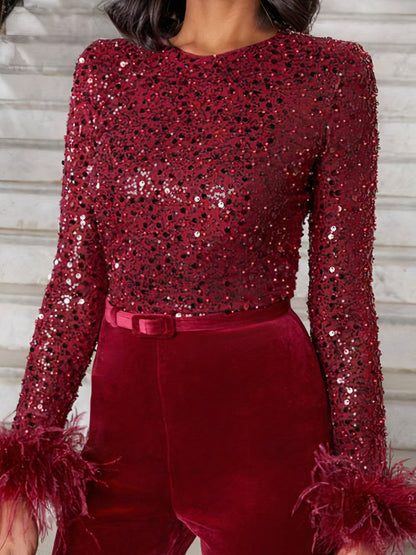 Sophia™ – Combinaison Femme Chic avec Paillettes et Plumes Élégantes