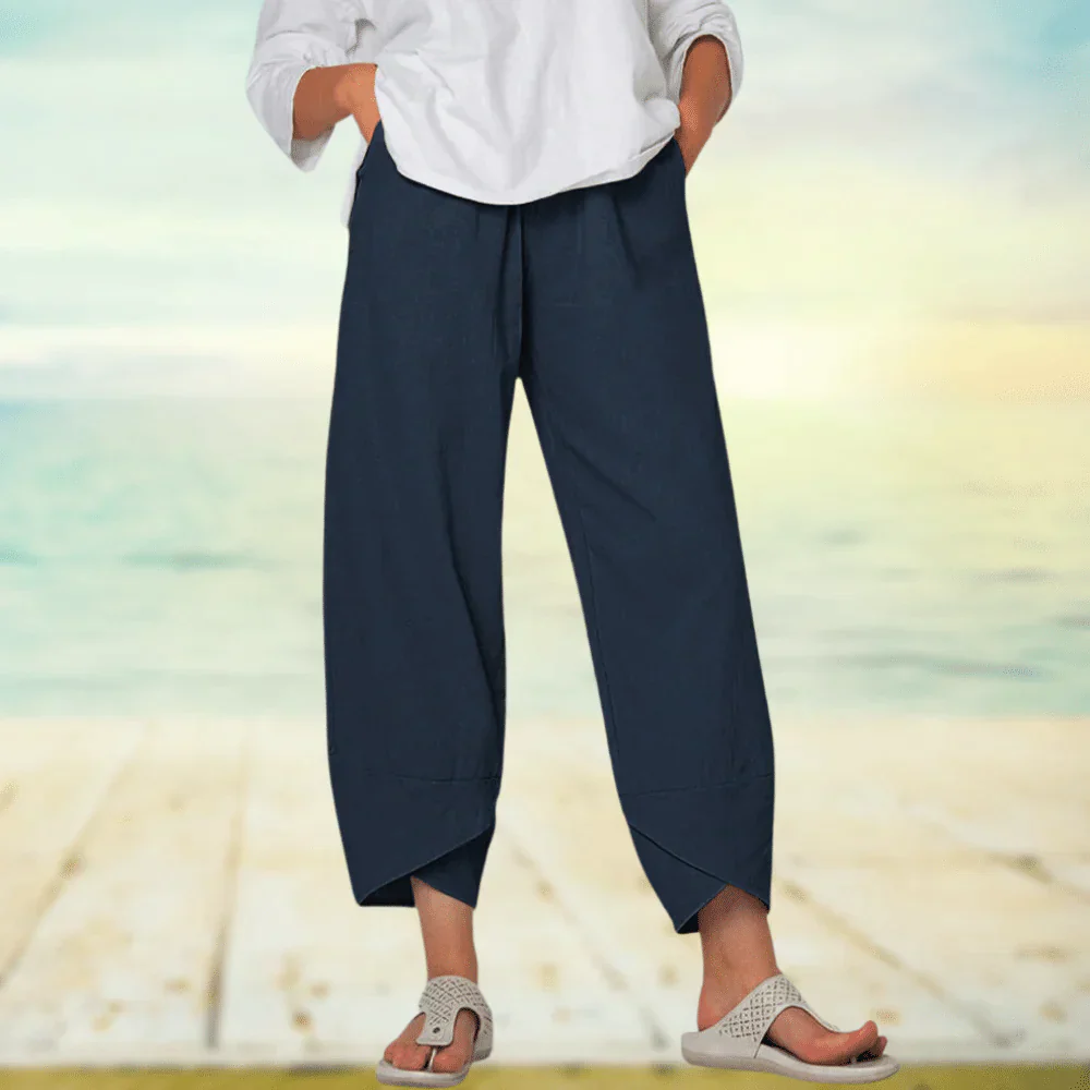 Pantalon large confortable en lin beige femme
