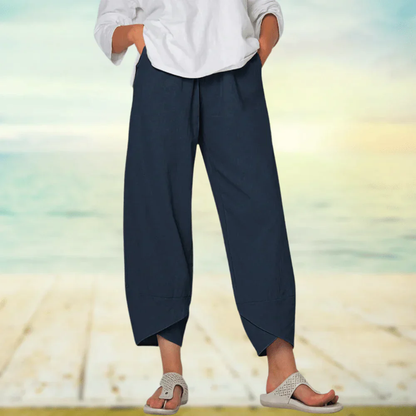 Pantalon large confortable en lin beige femme