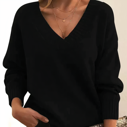 Pull Femme Élégant Col V Manches Longues Noir