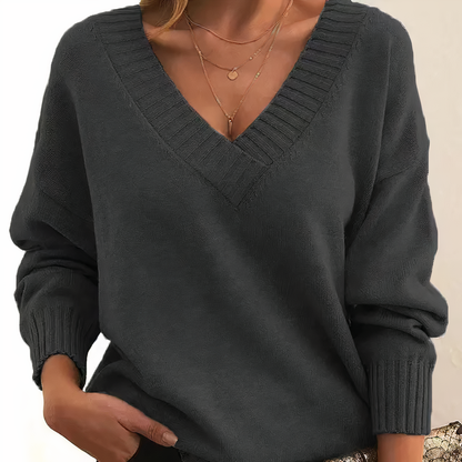 Pull Femme Élégant Col V Manches Longues Noir